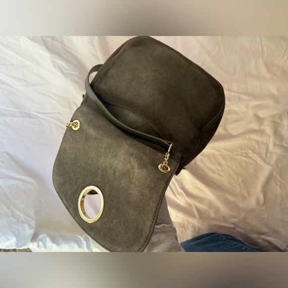 Talbots Suede Crossbody Bag Olive Green Gold Apple Turnlock Closure - Picture 11 of 12